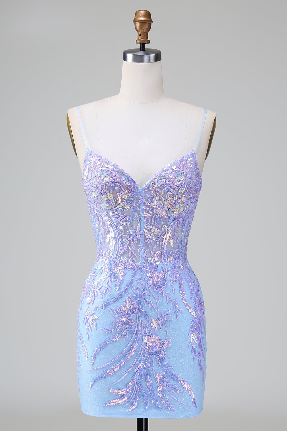 Funkelndes blaues, figurbetontes, kurzes Homecoming-Kleid mit Spaghettiträgern und Korsett und Pailletten