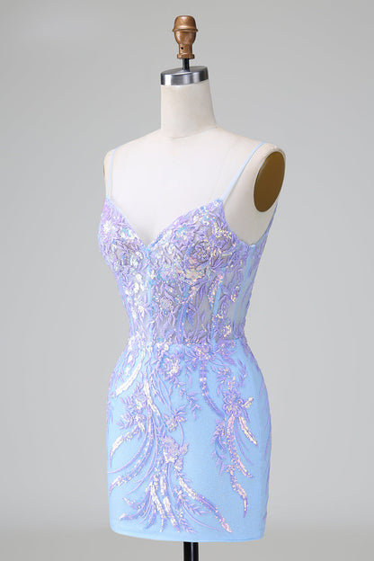 Funkelndes blaues, figurbetontes, kurzes Homecoming-Kleid mit Spaghettiträgern und Korsett und Pailletten