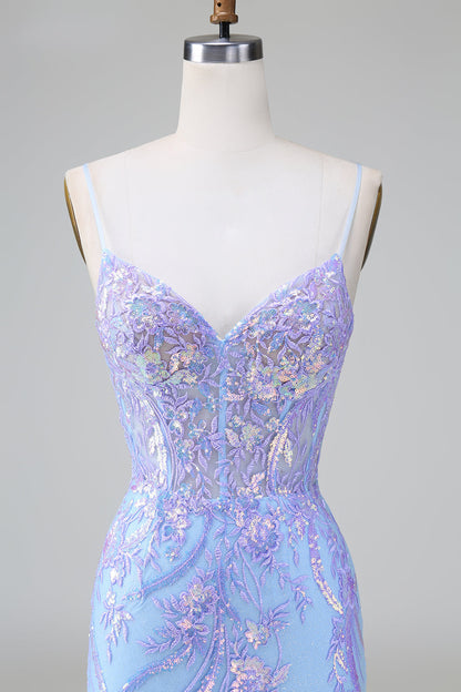 Funkelndes blaues, figurbetontes, kurzes Homecoming-Kleid mit Spaghettiträgern und Korsett und Pailletten