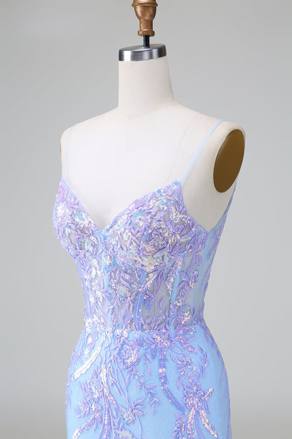 Funkelndes blaues, figurbetontes, kurzes Homecoming-Kleid mit Spaghettiträgern und Korsett und Pailletten