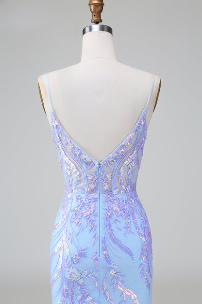Funkelndes blaues, figurbetontes, kurzes Homecoming-Kleid mit Spaghettiträgern und Korsett und Pailletten