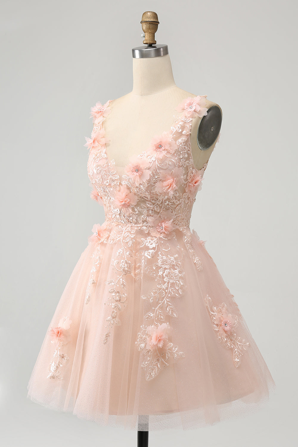 Vestido corto de fiesta con escote en V, lentejuelas y corsé, color rubor, con apliques