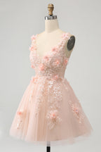 Vestido corto de fiesta con escote en V, lentejuelas y corsé, color rubor, con apliques