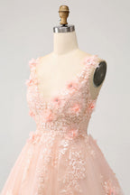 Vestido corto de fiesta con escote en V, lentejuelas y corsé, color rubor, con apliques