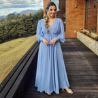 Vintage Langes Blaues Abendkleid mit V-Ausschnitt A-Linie Chiffon Plissee Knöchellang Ballkleid Y5048