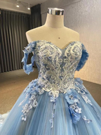 Ballkleid Blau Ballkleider Spitze Tüll Off Shoulder Abend Partykleid Y4561