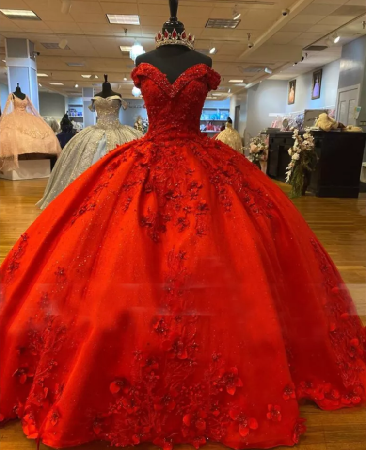 Luxuriöses rotes 3D-Blumen-Ballkleid, süßes 16-Kleid, Quinceanera-Kleid Y5321