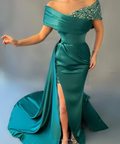 Elegante vestido de fiesta verde de satén con lentejuelas y hombros descubiertos, vestido de noche de corte sirena con abertura larga Y8527