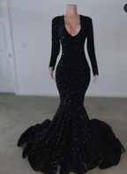Vestido de noche sirena con mangas largas y lentejuelas negras para recepción Y5987