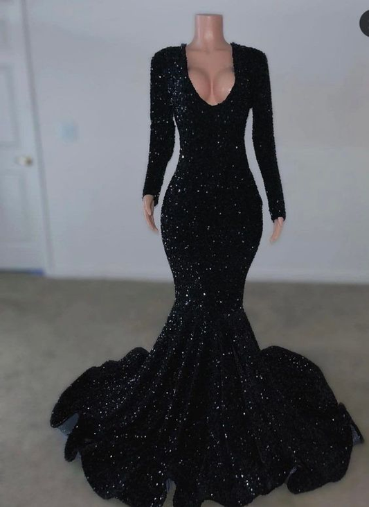 Schwarze Pailletten Langarm Meerjungfrau Abendkleid Schwarzes Empfangskleid Y5987