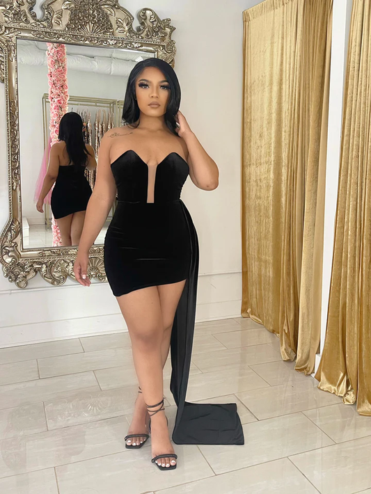 Vestido corto de terciopelo negro para fiesta de bienvenida con cremallera en la espalda Y06