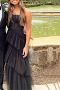 Elegante vestido de fiesta negro de tul en capas, corte A, vestido de noche largo con corsé transparente, vestido de graduación Y653