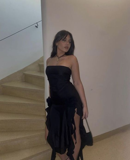 Vestido de noche negro con volantes y corte entallado, de gasa, sin tirantes, Y7765