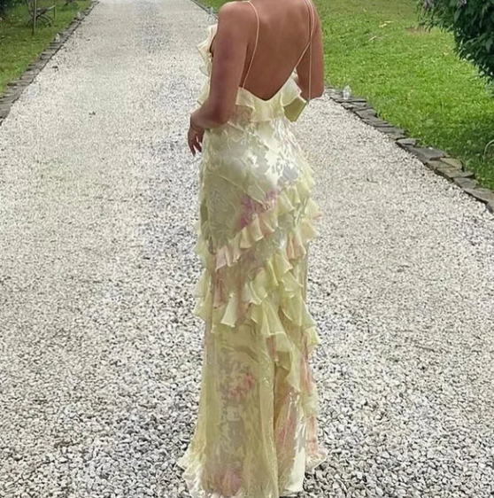 Romantisches Chiffon-Ballkleid mit Spaghettiträgern und V-Ausschnitt, charmantes Abendkleid Y2306