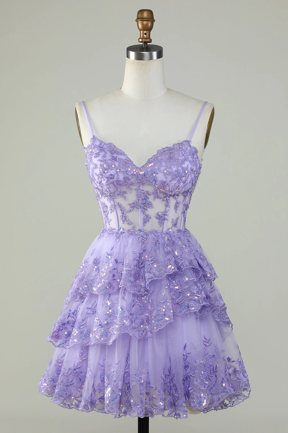 Träger Lavendel Pailletten Korsett Lagen Homecoming Kleid Y2907