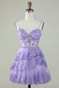 Träger Lavendel Pailletten Korsett Lagen Homecoming Kleid Y2907
