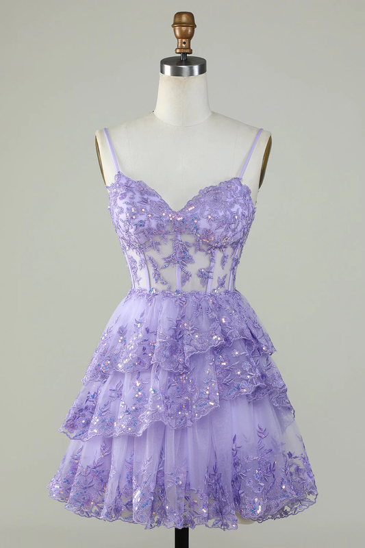 Träger Lavendel Pailletten Korsett Lagen Homecoming Kleid Y2907
