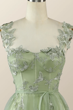 Vestido de noche largo formal de corte A con diseño de mariposa verde salvia Y2801