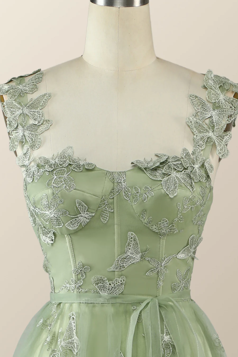 Vestido de noche largo formal de corte A con diseño de mariposa verde salvia Y2801