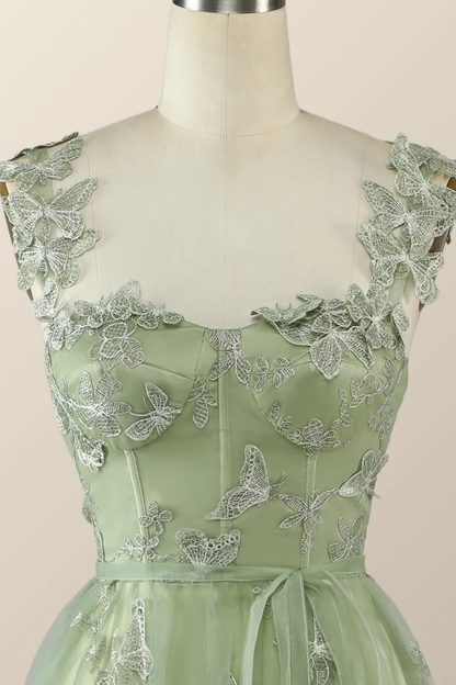 Salbeigrünes Schmetterlings-A-Linien-Abendkleid, lang, Abendkleid Y2801