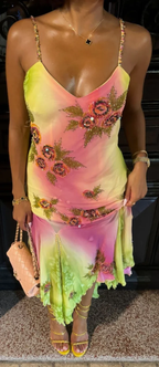 Vestido de noche largo de gasa con volantes, tirantes finos, cuentas y degradado rosa y verde, para fiesta y graduación, Y8495
