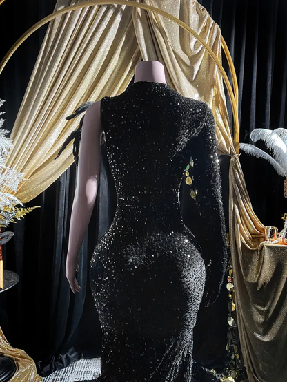 Schwarze Pailletten Strass Applikation Langarm Meerjungfrau Ballkleid Abendkleid Y8313