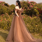 Hermoso vestido formal largo de tul con tirantes finos, corte A, para fiesta y noche, Y4643