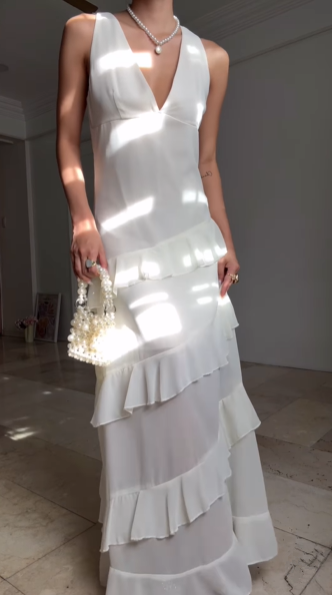 Vestido de fiesta blanco sencillo de gasa con escote en V y volantes, vestido de noche largo sin espalda Y8500