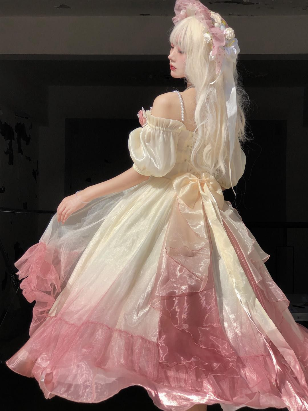 Vestido de fiesta de máscaras con flores rosas, vestido de novia floral degradado rosa champán, vestido de princesa vintage con perlas Y2401