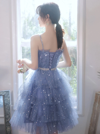 Kurzes, bauschiges, blaues Ballkleid, kurzes, bauschiges Tüll-Heimkehrkleid Y2620