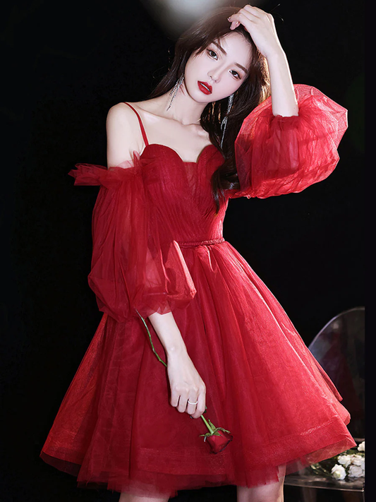 Vestido de fiesta corto de tul con escote corazón color burdeos, vestido de fiesta color burdeos Y2889