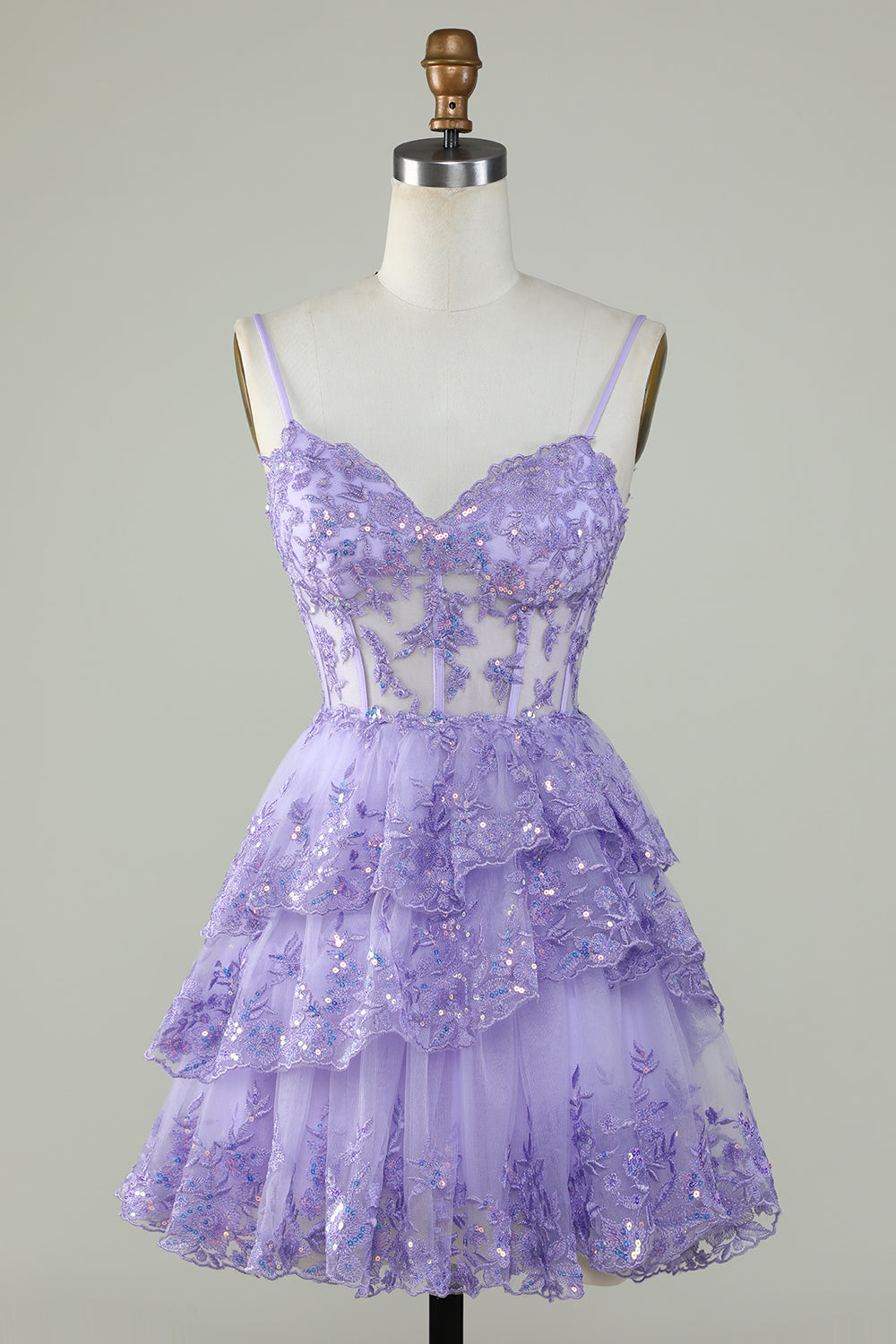 Lindo vestido negro de fiesta corto con corsé escalonado, lentejuelas brillantes y corte en A