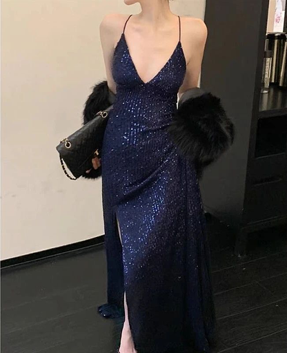 Sexy Marineblaues Abendkleid mit V-Ausschnitt und Schlitz, langes Ballkleid Y7798