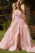 Vestido de noche rosa con apliques de tul y volantes, abertura en los hombros, vestido de fiesta Y8359