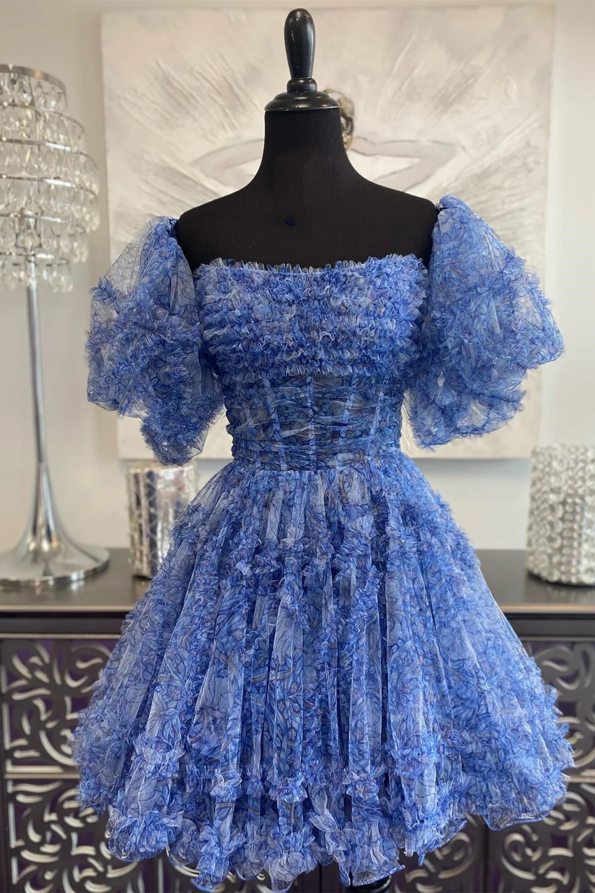 Vestido de fiesta azul con mangas abullonadas, volantes y corte A, estampado Y2714