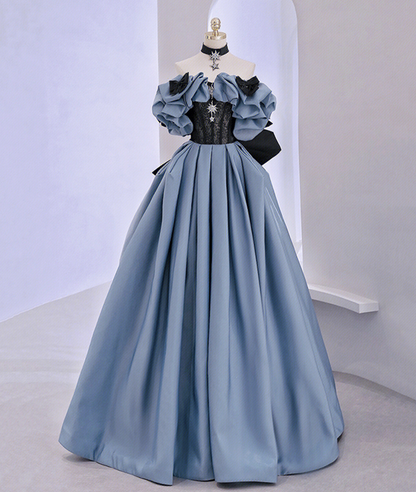 Schulterfreies langes Ballkleid aus Satinspitze, blaues Abendkleid Y2619
