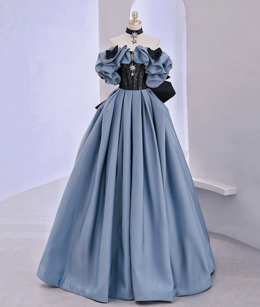 Schulterfreies langes Ballkleid aus Satinspitze, blaues Abendkleid Y2619