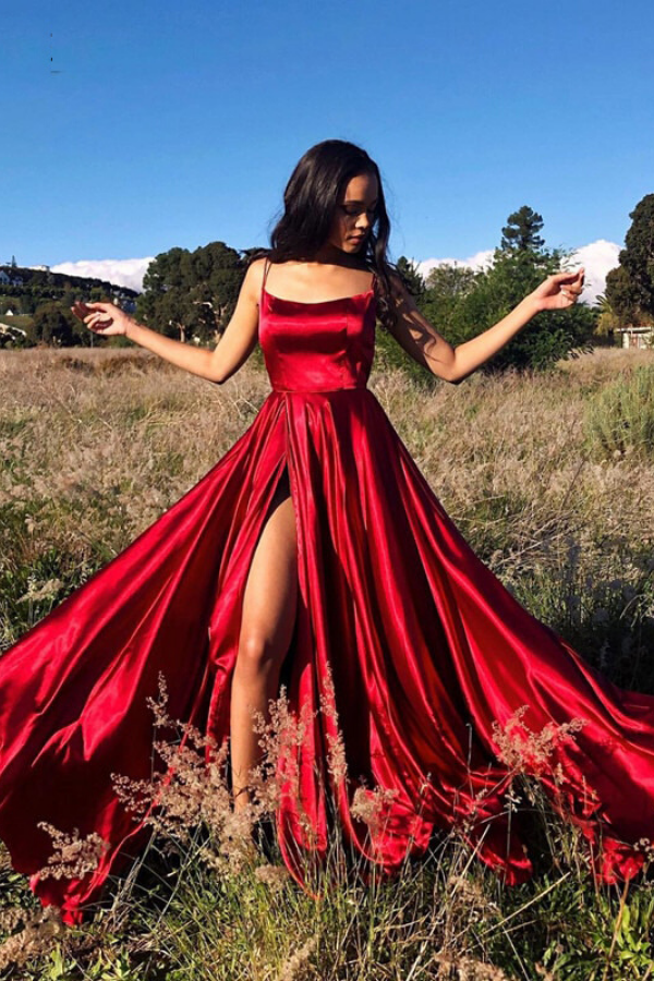 Rotes Satin Langes Ballkleid, Abendkleider mit Schlitz vorne, Bodenlange Ballkleider Y516