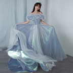 Vestido de fiesta romántico de tul largo en forma de A, vestido de noche azul Y6572