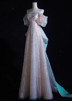 Pink A-Line Off-Shoulder Tulle Sequins Beaded Long Prom Dress Formal Evening Dress Y8050