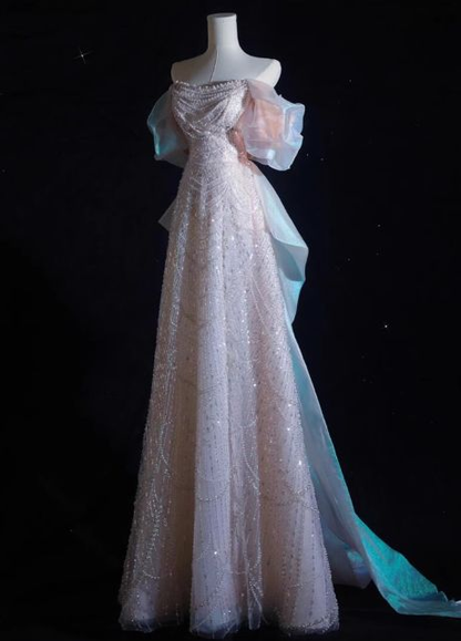 Rosa A-Linie Off-Shoulder Tüll Pailletten Perlen Langes Ballkleid Formales Abendkleid Y8050