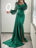 Vestido de noche verde oscuro de satén con escote en V y manga larga Y6109