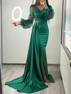 Vestido de noche verde oscuro de satén con escote en V y manga larga Y6109