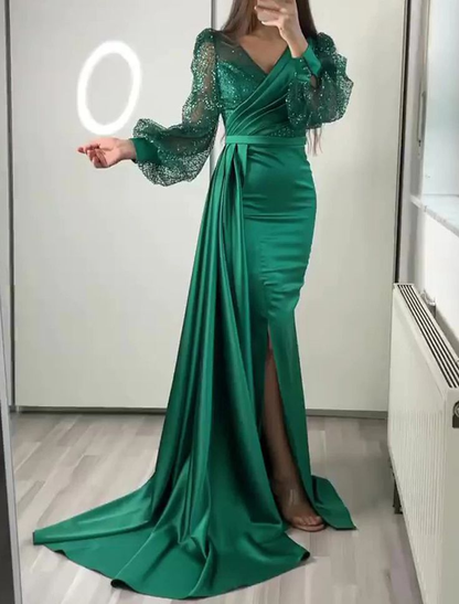 Vestido de noche verde oscuro de satén con escote en V y manga larga Y6109