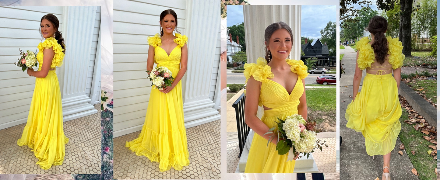Chiffon A-Linie Rüschen Ballkleider für Damen V-Ausschnitt Lange Brautjungfernkleider Rückenfreies formelles Abendkleid Y3043