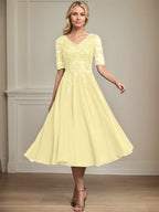 Vestido de gasa con encaje y lentejuelas para madre de la novia, corte A, escote en V y largo hasta la rodilla