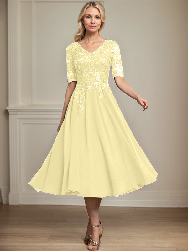Vestido de gasa con encaje y lentejuelas para madre de la novia, corte A, escote en V y largo hasta la rodilla