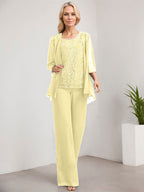 Vestido de madre de la novia de gasa con encaje, largo hasta el suelo, con lentejuelas y mono/pantalón separado