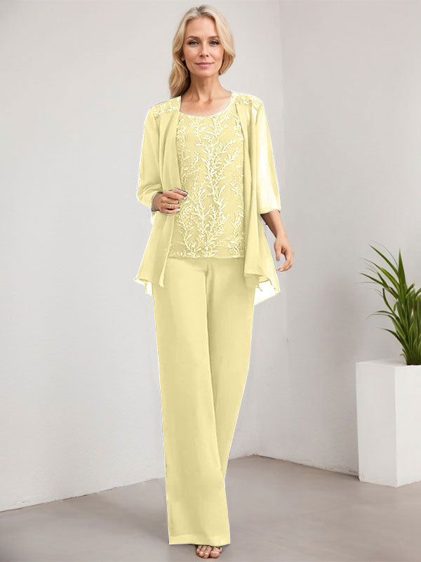 Vestido de madre de la novia de gasa con encaje, largo hasta el suelo, con lentejuelas y mono/pantalón separado