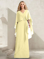 Vestido de gasa para madre de la novia con escote en V, corte A y largo hasta el suelo, con volantes en cascada y cuentas